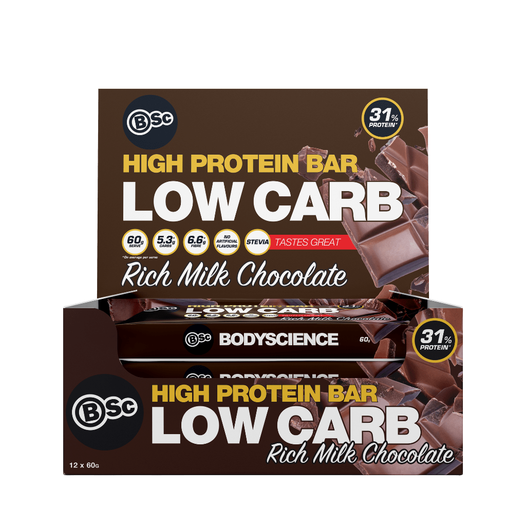BSC ( Body Science ) configurable 12 x 60g Bars (1 Box) / RICH MILK CHOCOLATE (Best Before 09/23) Body Science - High Protein Low Carb Bar